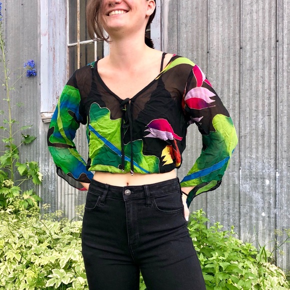 Sheer black blouse with large bright print - Picture 3 of 3